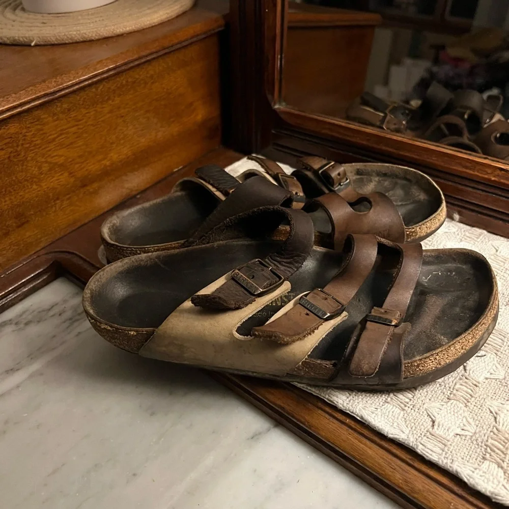 BIRKENSTOCK Classic Florida Soft Footbed Leather Sandals Brown Cream‎ Wms Sz 6.5